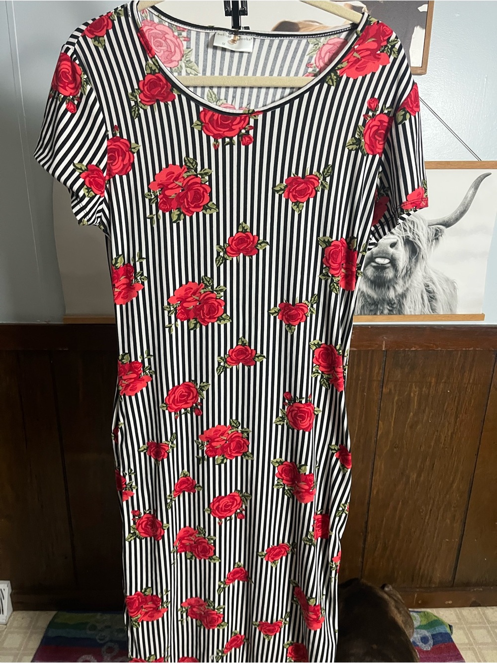 Bobbie Brooks Black and White Striped Midi Dress with Red Rose Print